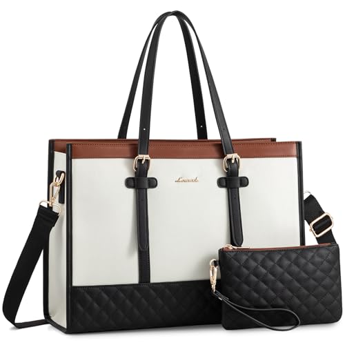 LOVEVOOK Laptop Bag for Women - 15.6 inch Canvas Laptop Tote with Clutch Purse, Office Business Briefcase, Casual Handbag for Travel, College, Teacher, School - color: Black & White & Brown, size: 15.6 inch