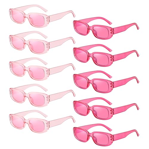 10 Pack Neon/Black Rectangle Sunglasses Bulk for Women Men Retro Trendy Small Rectangle Glasses Party Favors - color: Pink + Hotpink