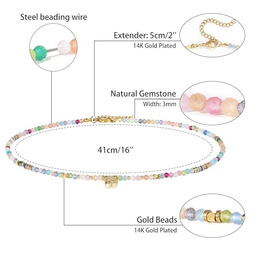 KissYan Beaded Choker Necklace for Women, Colorful Natural Gemstones Pearl Choker 14K Gold Plated Pendant Healing Crystal Necklace Handmade Stone Jewelry Gift - color: W-Rainbow
