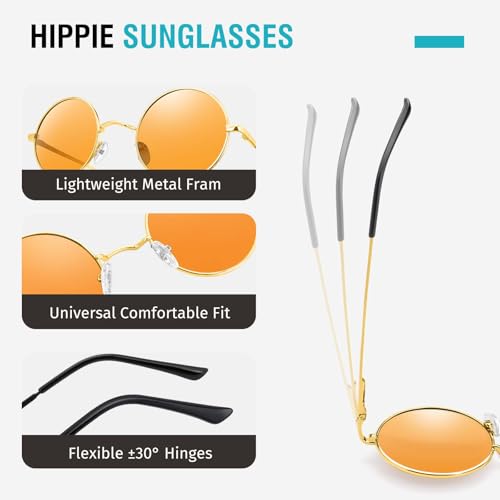 Morcheiong Polarized Hippie Sunglasses Retro Round Glasses for Women Men Vintage Circle Sunglasses UV400 - color: Gold Frame Orange Film