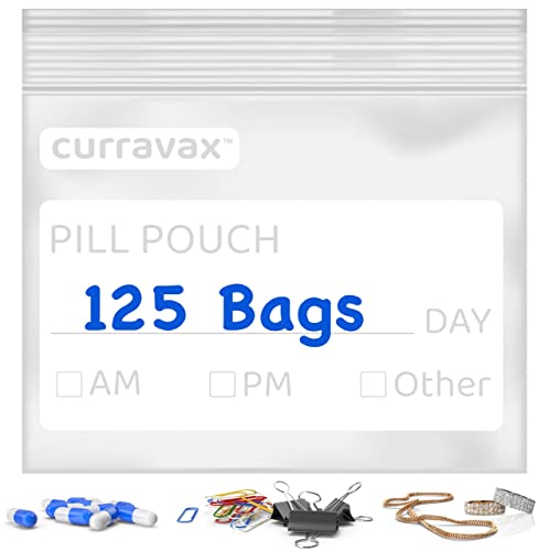 CURRAVAX Pill Pouch Bags for Travel Pack of 125- BPA Free 3 x 2.75 inch Pill Pouch - Pill Pouches for Medicine with Write on Label –Clear Ziplock Pill Baggies for Medicine Organizer - size: Pack of 125