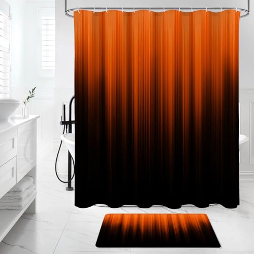 Litabel 4 Pcs Orange and Black Gradient Shower Curtain Set with Rugs and Toilet Lid Cover, Modern Simple Waterproof Fabric Bathroom Set, Ombre Stripe Gothic Abstract Bathroom Decor Set Accessories - color: Orange