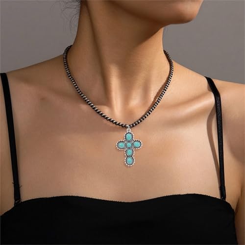 coadipress Navajo Pearl Necklace Western Jewelry for Women Boho Beaded Choker Necklaces Vintage Turquoise Pendant Cowgirl Necklace - style: Cross