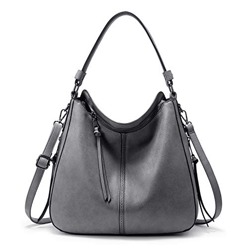 Realer Hobo Crossbody Bags for Women Designer Faux Leather Hobo Handbags Retro Large Size Shoulder Bag Bucket Purse - color: Dark Gray-gun Black Hardware（15.2"）, size: Large-15.2 inch