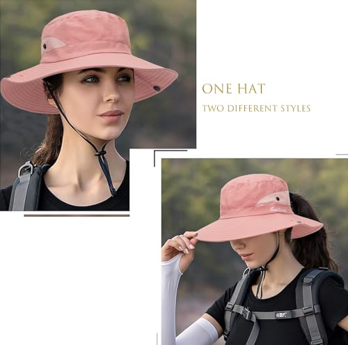 Womens Summer Sun Hat Beach Hat Wide Brim Outdoor UV Protection Hat Packable Mesh Bucket Hat with Ponytail Hole - color: Solid Pink