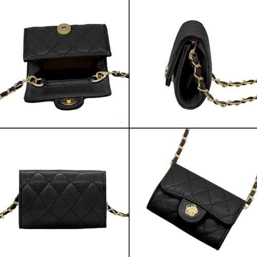 YAMEIZE Mini PU Leather Chain Belt Bag for Women Quilted Waist Purse Crossbody Fanny Pack Detachable Belt Chain - color: Black - Mini (4.7x2.7 Inch)