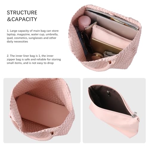 Handmade Woven Bag Satchel Handbag For Women Vegan Leather Tote Bag With Purses Travel Shoulder Bag Underarm Bag - color: Pink