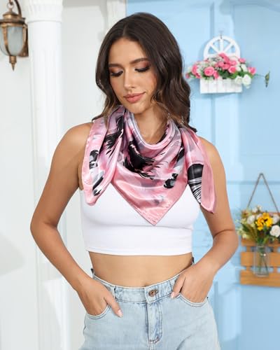 AWAYTR 35” Satin Head Scarf for Women Like Silk Scarf Hair Bandanas Women Large Square Neck Scarf Headscarf Head Wrap - color: Pink