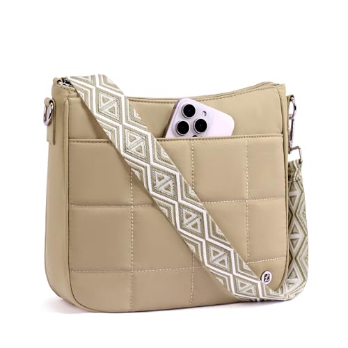 Anti Theft Crossbody Bags for Women,Quilted Puffer Travel Purses Shoulder Hobo Bag Handbag with Guitar Strap - color: Khaki