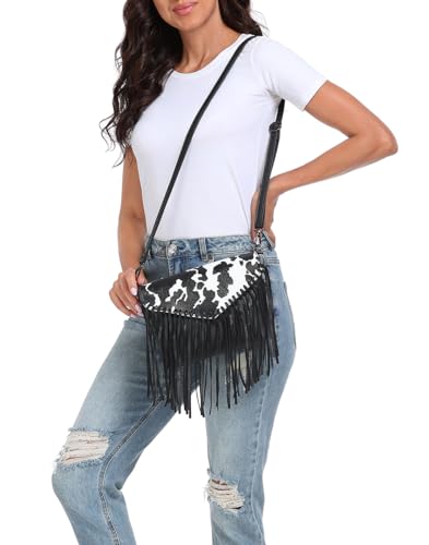 HDE Women's PU Leather Hobo Fringe Crossbody Tassel Purse Vintage Small Flap Envelope Handbag Western Sling Shoulder Bag - color: Black Cow Print