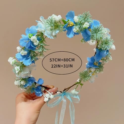 Boho Floral Crown for Women– Adjustable Faux Silk Flower Headband, Handmade Wedding Hair Accessory for Festivals & Photoshoots, Flower Hair Crown for Women (Blue White Flower Leaf, Adjustable) - color: Blue White Flower Leaf