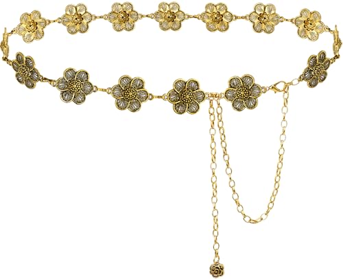 Women's Western Chain Belt Boho Waist Chain Chunky Metal Belts for Dresses - color: Flower Gold, size: Fits Waist 35"-41"