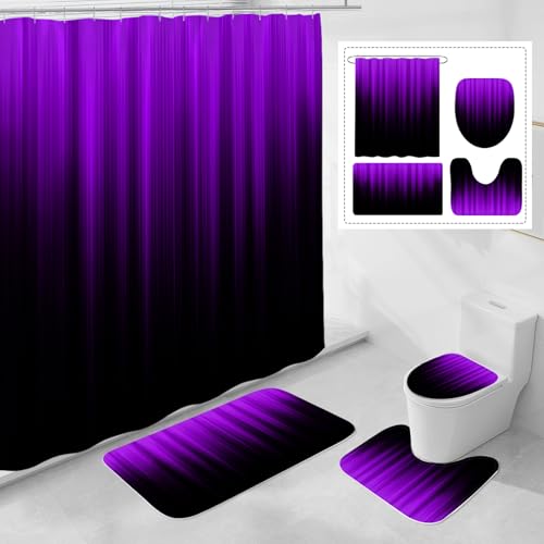 Litabel 4 Pcs Purple and Black Gradient Shower Curtain Set with Rugs and Toilet Lid Cover, Modern Simple Waterproof Fabric Bathroom Set, Ombre Stripe Gothic Abstract Bathroom Decor Set Accessories - color: Purple