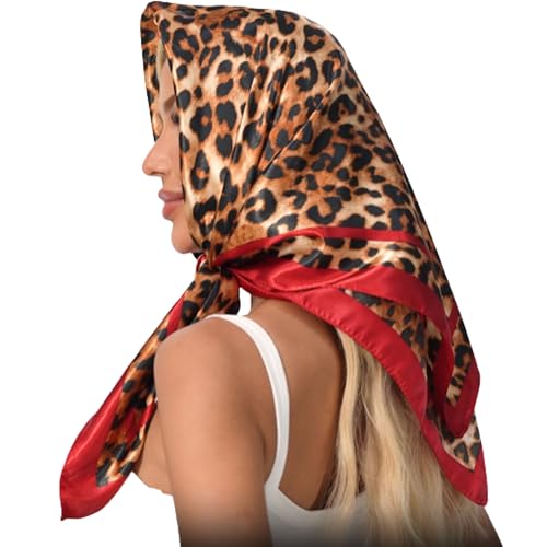 Leopard Print Head Scarf for Women Like Silk Satin Scarf for Hair Wrapping at Night Bandana Square Scarf 35 Inches - color: Red 1