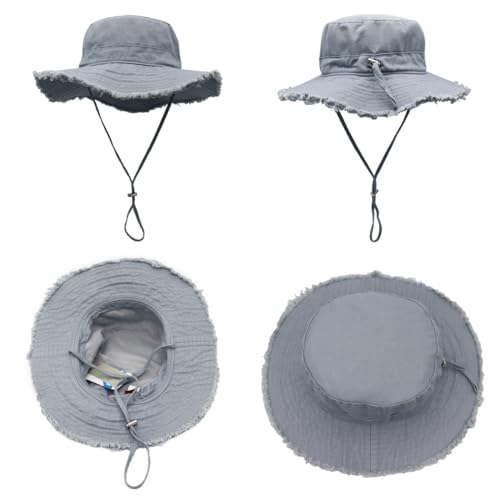LLmoway Womens UPF50+ Cotton Wide Brim Sun Hat with Strap Ladies Summer Floppy Hats Packable Women Washed Fringes Bucket Hat - color: Grey