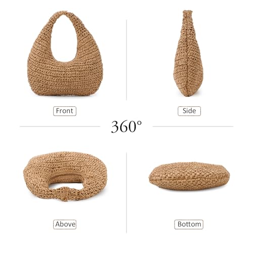 Fecialy Straw Bag for Women Crescent Shoulder Handbag Straw Summer Beach Tote Handbag Raffia Woven Hobo Bag - color: Brown
