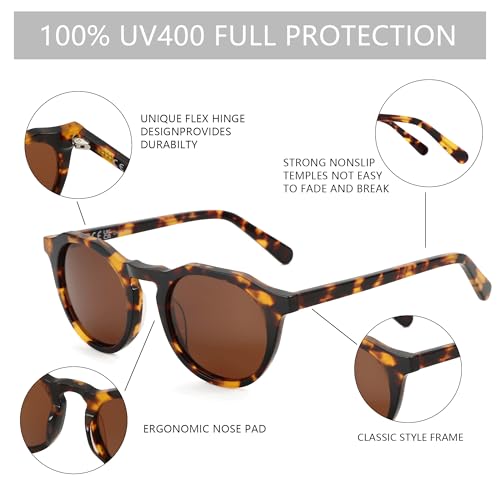 ZENOTTIC Vintage Round Polarized Sunglasses for Men Women UV400 Protection - color: C13 Tortoise Frame Brown Lens