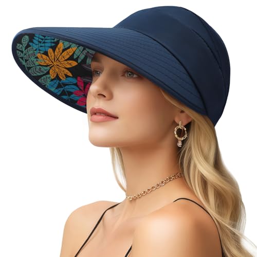 Sun Hats for Women, Wide Brim Beach Hats UV Protection, Packable Visor Ponytail Sunhat for Summer - color: Blue