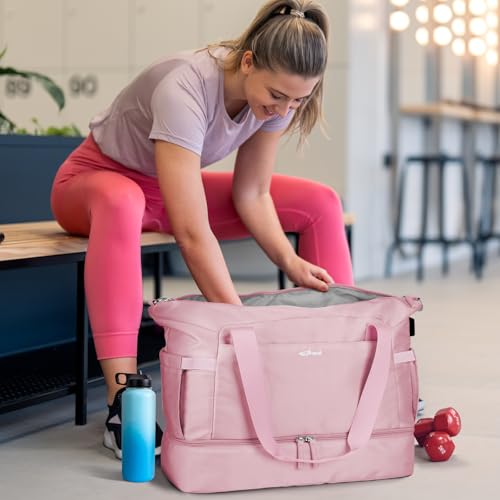 ETRONIK Gym Bag for Women, 45L Carry On Travel Duffel Bag with Shoes Compartment, Weekender Overnight Bag with Wet Pocket for Women, Travel, Gym, Weekend, Large Size - color: Pink, size: Large