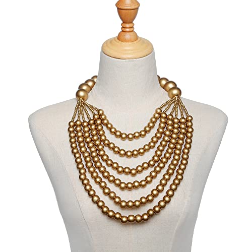 COLORFUL BLING Boho African Wooden Beaded Bib Statement Choker Necklace Long Multi Strand Chunky Layered Collar Tassel Necklace for Women Handmade Jewelry - color: yellow