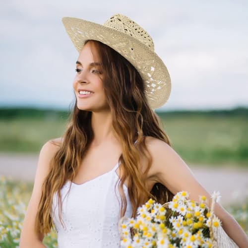 Men & Women's Summer Cowboy Cowgirl Straw Hat Hollow Out Woven Roll Up Wide Brim Sun Hat with Chin Strap - color: Beige