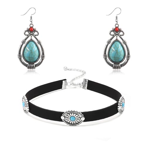 Handmade Teardrop Turquoise Earrings Necklace Set for Women Bohemia Tribal Antique Ethnic Style Earring Delicate Teardrop Gemstone Dangle Drop Statement Earrings Western Jewelry - color: Turquoise Choker Necklace