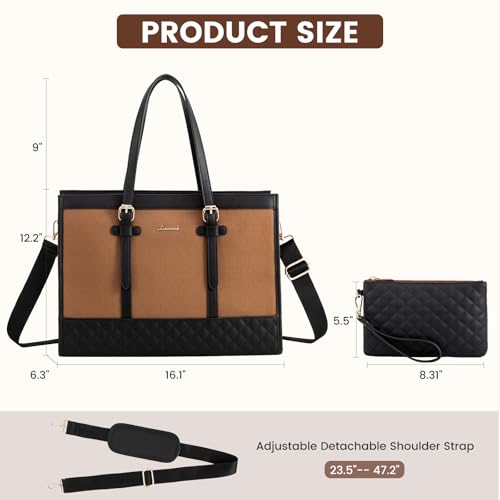LOVEVOOK Laptop Bag for Women, 15.6 inch Canvas Laptop Tote, Large Capacity Work Bag with Clutch Purse, Office Business Briefcase, Casual Handbag for Travel, College, Teacher, School - color: Black & Brown, size: 15.6 inch