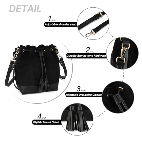 AFKOMST Faux Suede Bucket Bags and Drawstring Crossbody Purse for Women Medium Tote Handbags with 2 Shouder Straps | Fit Pad mini, Long Wallet, Removable Long Strap - color: Black