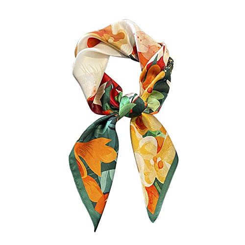 FEIBOON 100% Pure Mulberry Silk Scarfs 26"x26" Square Scarf Women Neckerchief Headscarf hair scarf bandana Gift Packed - color: Orange Green White Flowers