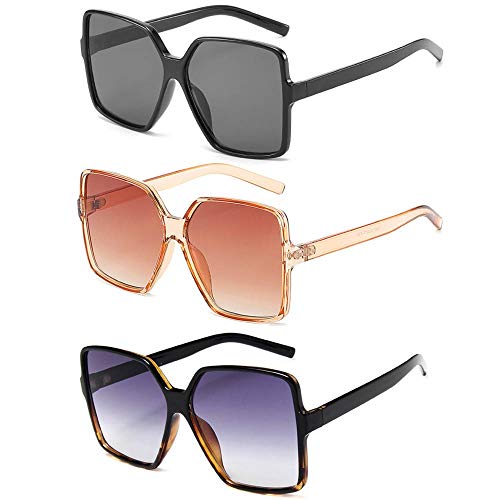 Dollger Oversized Square Sunglasses for Women Big Large Wide Fashion Shades for Men UV Protection Unisex - color: 3 Pcs,black+transparent Brown+leopard