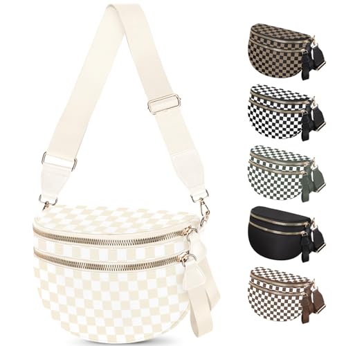 Spacious Nylon Checkered Crossbody Bum Bag for Women, Fashion Checkerboard Fanny Pack Purse with Anti-theft Pocket, Adjustable Wider Strap Wasit Bag (Beige) - color: Beige