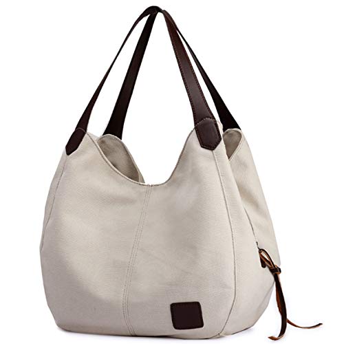 DOURR Women's Multi-pocket Shoulder Bag Fashion Cotton Canvas Handbag Tote Purse - color: Beige - Medium Size
