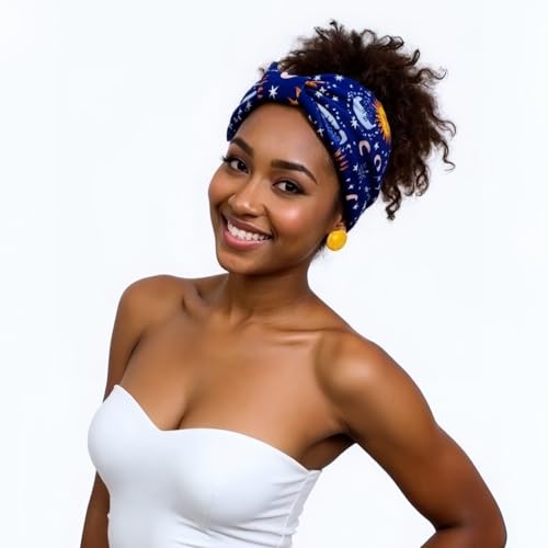 1 Pack Boho Headbands Stretch Paisley Print Bandana Headband Criss Cross Hair Bands Knotted Head Wrap Yoga Daily for Women and Girls (Blue Cosmic) - color: Blue Cosmic