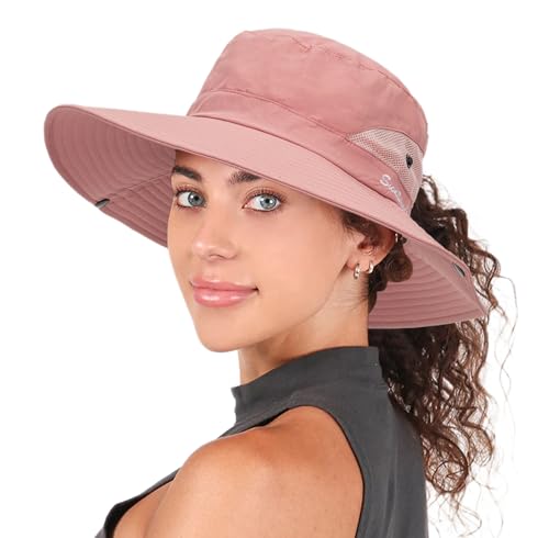 Womens Summer Sun Hat Beach Hat Wide Brim Outdoor UV Protection Hat Packable Mesh Bucket Hat with Ponytail Hole - color: Solid Pink