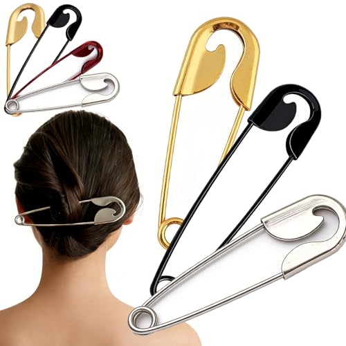 Mega Safety Hairpin - Mega Safety Pin Hairpin, Oversized Metal Hair Pin for Bun & Updo, Stylish Hair Stick Bun Holder - color: 3PCS-A