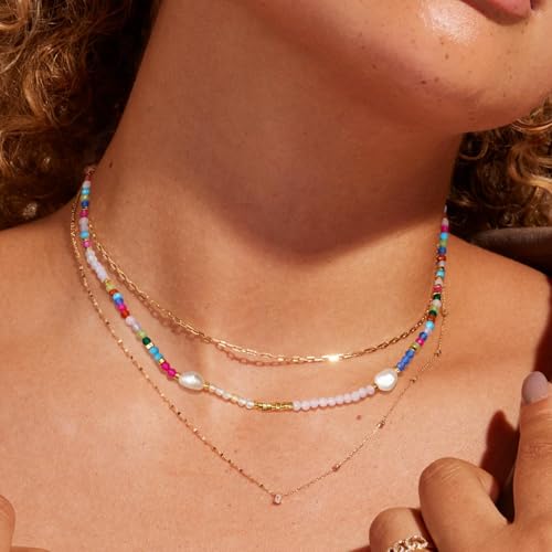 KissYan Beaded Choker Necklace for Women, Colorful Natural Gemstones Pearl Choker 14K Gold Plated Pendant Healing Crystal Necklace Handmade Stone Jewelry Gift - color: H-Colorful Pearl