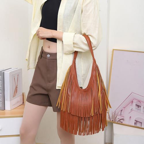 Fringe Hobo Shoulder Bag Vegan Leather Layered Tassel Women Purse Bags | layered tassel - color: Brown