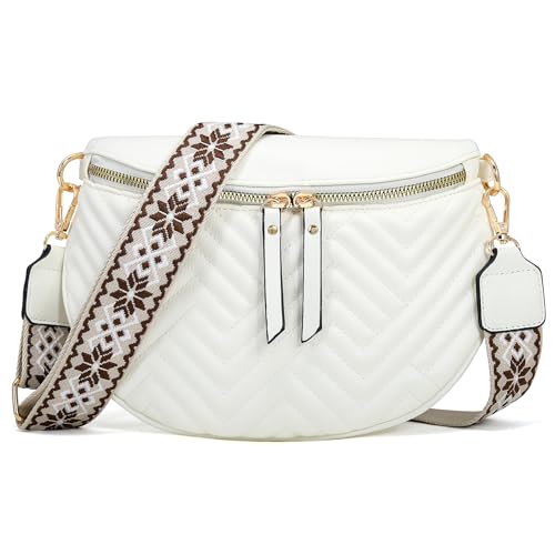 Women's Vegan Leather Crossbody Waist Pack, Fanny Pack Sling Bag with Adjustable Belt, Boho Style Shoulder Purse for Travel, Daily Use (White) - color: C-White