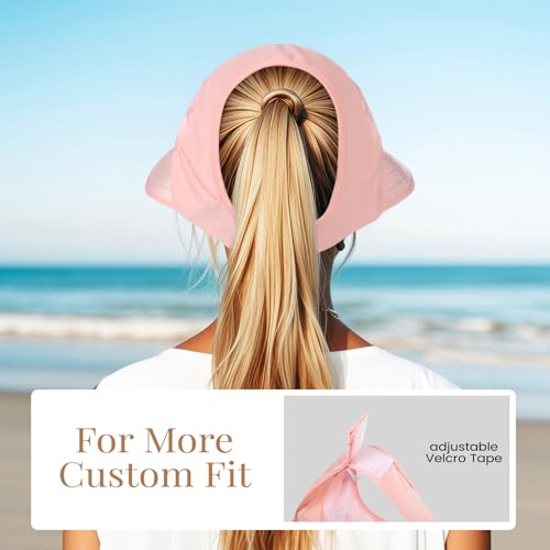 Sun Hats for Women, Wide Brim Beach Hats UV Protection, Packable Visor Ponytail Sunhat for Summer - color: Pink