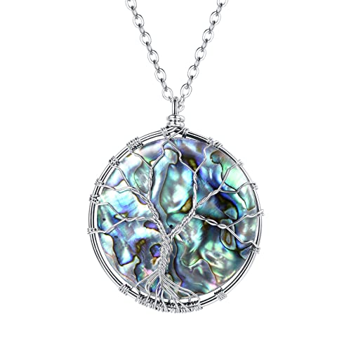 FOCALOOK Stainless Steel Wire Wrapped Tree of Life Abalone Necklaces Handmade Costume Jewelry Long Necklaces for Women (Send Gift Box) - style: 03.Round Shaped-Silver
