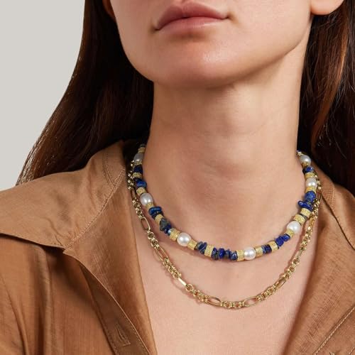 KissYan Beaded Choker Necklace for Women, Colorful Natural Gemstones Pearl Choker 14K Gold Plated Pendant Healing Crystal Necklace Handmade Stone Jewelry Gift - color: S-Lazurite