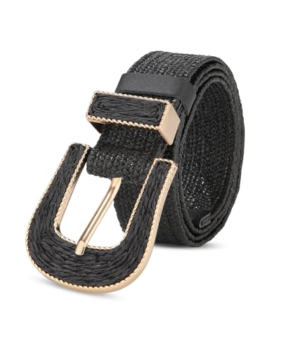 AWAYTR Womens Boho Woven Belt - Easy Care Plastic Elastic Belt with Handmade Raffia Buckle for Daily Vacation Work - color: Black, size: Fit Waist 26''-31''