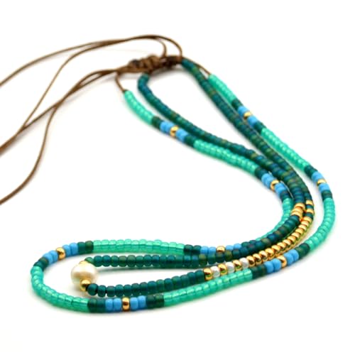 Beaded Choker Necklace for women and Teen Girls, Boho Bohemian Adjustable Colorful Seed Beads Necklace, Handmade Native American Style Jewelry by TRIBES - color: Turquoise-Green, style: Set of 2 Necklaces