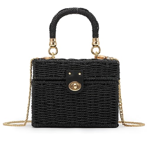 Fecialy Women Handwoven Rattan Handbag Beach Straw Tote Bag Square Boho Crossbody Bag - color: Black