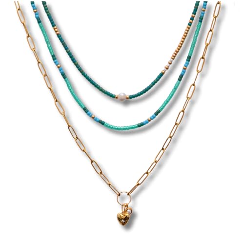 Beaded Choker Necklace for women and Teen Girls, Boho Bohemian Adjustable Colorful Seed Beads Necklace, Handmade Native American Style Jewelry by TRIBES - color: Turquoise-Green, style: Set of 3 Necklaces