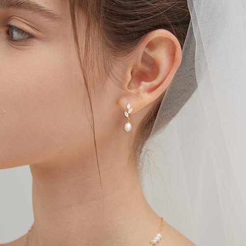 Hayopi Pearl Earrings for Women - Dainty Gold Dangle Drop Earrings, 14k Gold Plated Cute Bow Design, Hypoallergenic Pearl Studs, Wedding Jewelry Gifts - color: GOLD-pearl cz earrings