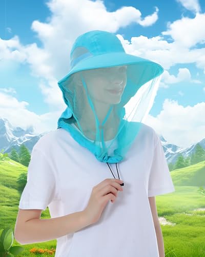Womens Sun Hat Outdoor UV Protection Wide Brim Fishing Hat with Ponytail Hole Neck Flap for Beach Hiking Camping - color: Mosquito Net-sky Blue