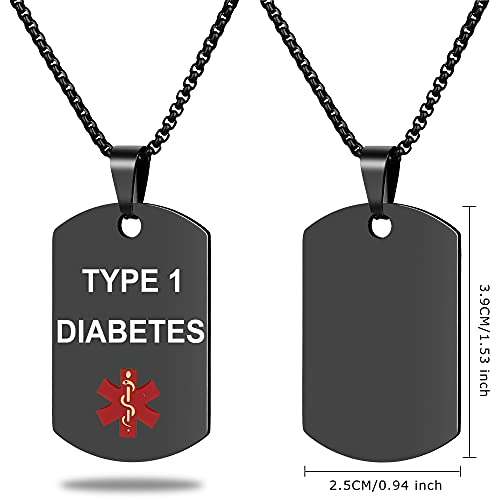 Medical Alert ID Necklace, Laser Engraved TYPE 1 DIABETES, Stainless Steel Tag Pendant with 23.6 inch Chain for Men Women Diabetic Emergency First Aid - color: Black, size: TYPE 1 DIABETES