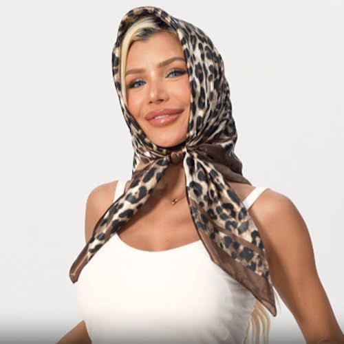 Leopard Print Head Scarf for Women Like Silk Satin Scarf for Hair Wrapping at Night Bandana Square Scarf 35 Inches - color: Brown