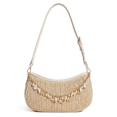 CHUNLI Straw Shoulder Bag for Women, Boho Woven Raffia Hobo Purse with Charm Chain, Adjustable Strap Summer Beach Vacation